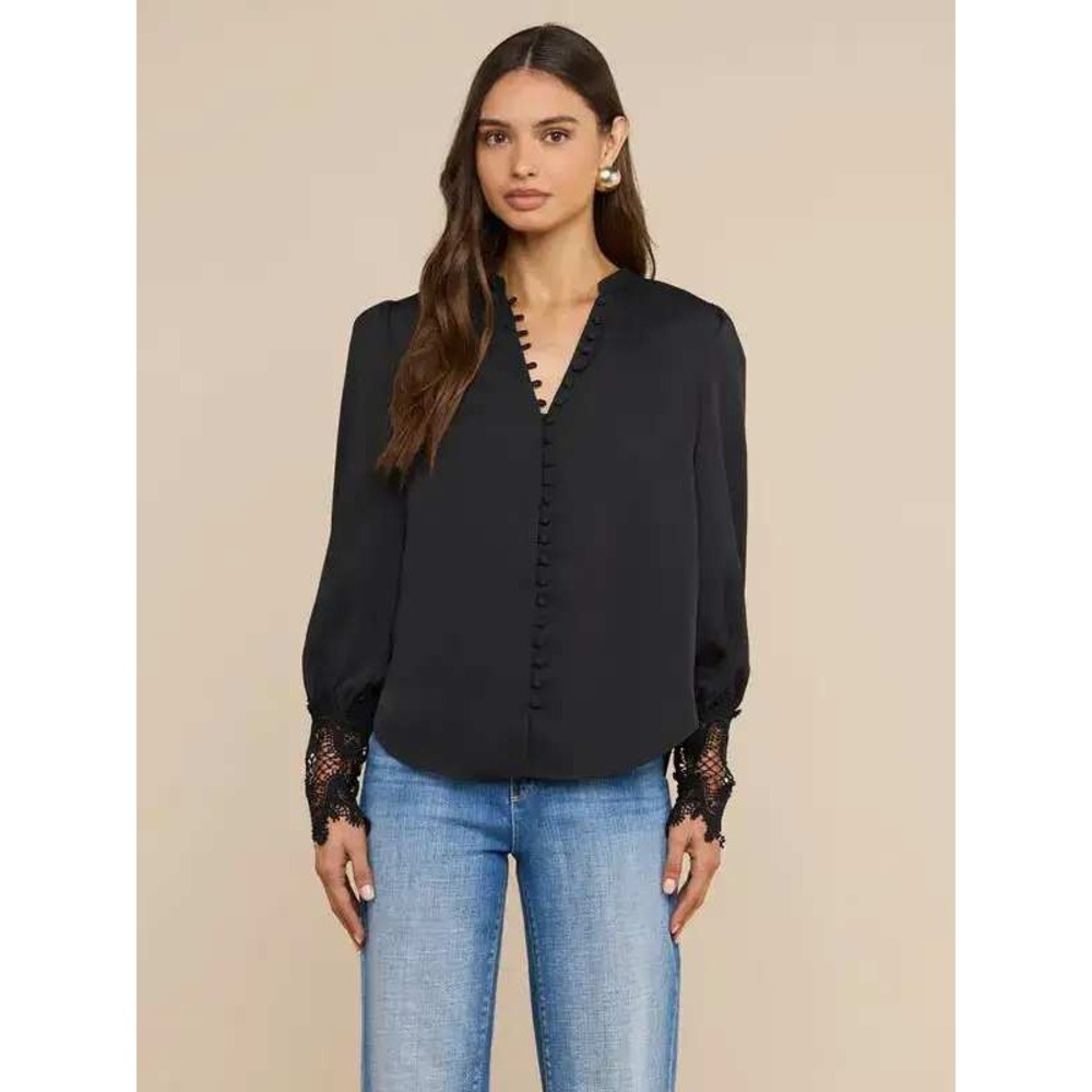 L'AGENCE Ava Blouse Top Black Guipure Lace Cuff Button Front Womens Medium